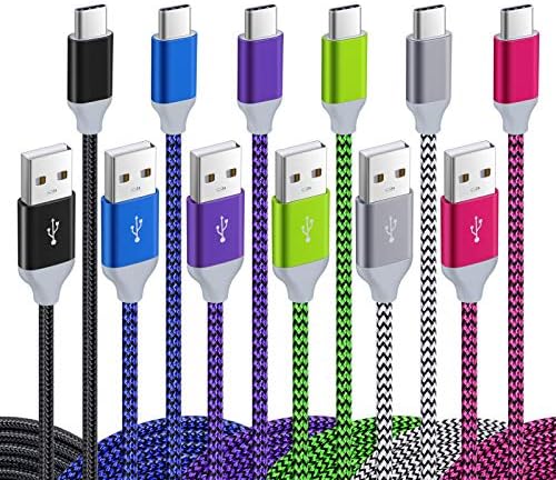 10 ft Nylon Braided USB C Cable 6-Pack – Fast Charging Type A to Type C Compatible with Samsung Galaxy S24/S23/S22/S21 and LG G8/G7 – Durable, Tangle-Free Solution for Home and Travel Charging Needs