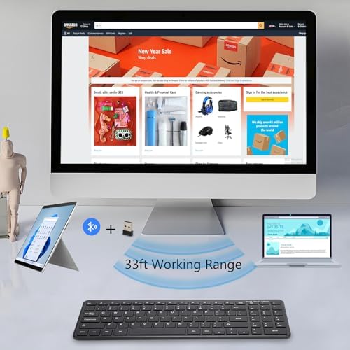 Universal Wireless Bluetooth Keyboard with Ergonomic Design, Dual USB & Bluetooth Connectivity, Number Pad & Media Hotkeys – Perfect for Windows Laptops, Tablets & More, Enhancing Productivity & Comfort