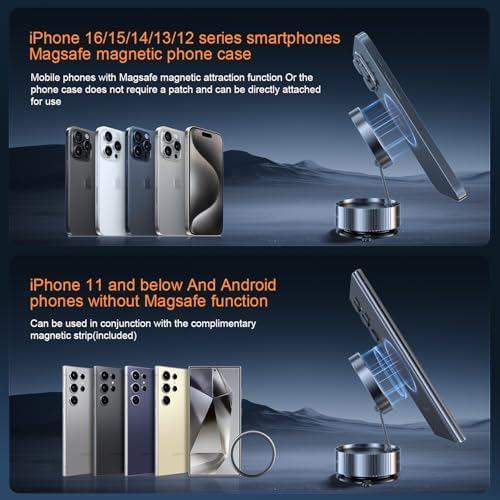 Vacuum Magnetic Phone Holder, 2025 Upgrated Vacuum Magnetic Phone Stand, Suction Cup Phone Mount, 360 Rotary, Folding Swivel Stand, Vacuum Suction Phone Holder for Car Mirror Gym Shower, Black – Enhanced Compatibility and Speed
