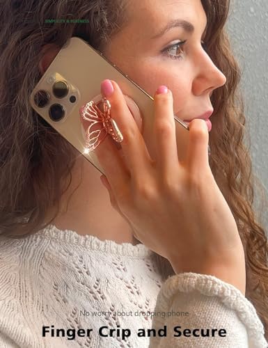 Transform Your Mobile Experience with the Chic Magnetic Phone Grip for Mag Safe – Stylish Butterfly Design in Rose Gold and White, Featuring Versatile Kickstand and Universal Adapter Ring for Enhanced Functionality and Secure Hold