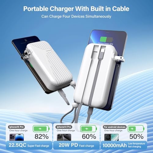 Compact 27 W Fast Charging Power Bank with Built-in Cables – 10,000 m Ah Portable Charger for i Phone & Android – Effortless Multi-Device Charging with 4 Outputs & 2 Inputs – Essential Travel Battery Pack for i Phone 16/15/14 and Newer – Durable Design for On-the-Go Energy Solutions