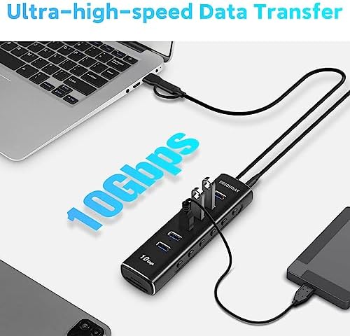 Transform Your Workspace with the Rosonway 8-Port USB 3.2 Hub – Lightning-Fast 10 Gbps Data Transfers, Dual SD/TF Card Readers, 3.3 ft Extension Cable & Robust 12 V/2 A Power Supply – Sleek Aluminum Design for Ultimate Convenience and Efficiency