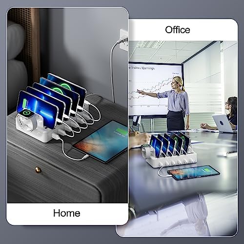 Ultimate 6-in-1 Multi-Device Charging Station – 50 W Fast Charging Dock with Universal Compatibility for i Phone, i Pad, Smartphones & Tablets – Sleek Organizer with Mixed Cables for Efficient Power Delivery and Clutter-Free Workspace