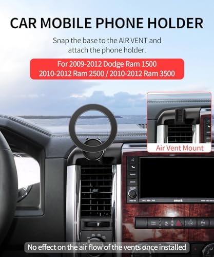 Dodge RAM 1500/2500/3500 Car Phone Holder: 360° Rotating Mag Safe-Compatible Mount for Seamless Navigation, Non-Damaging Install, Air Vent Safe Cell Phone Cradle for 2019-2024 Models