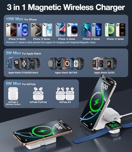 Revolutionize Your Charging Routine with the Qi2 Certified 3 in 1 Foldable Wireless Charger – Seamless Mag Safe Compatibility for i Phone 12-16, Apple Watch & Air Pods, 15 W Fast Charging Power, Includes 30 W Adapter for Ultimate Efficiency and Portability