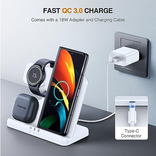 Ultimate 3-in-1 LK Wireless Charging Station for Samsung Devices – Fast Charging Hub for Galaxy Watch Ultra/7/6 Classic/5 Pro, S23/S22/S21 Series, Z Fold/Flip Models & Galaxy Buds – Enhanced Compatibility, Sleek White Design for Home & Office Use