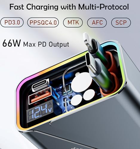 Ultra-Fast 4-in-1 Retractable Car Charger – 66 W Multi-Device Adapter with 35.5” Tangle-Free Cords & Stylish RGB Lighting for Seamless Charging of i Phone 16/15/14/13/12/11, Mac Book, Samsung, Tablets, and Android Devices – Compact Car Accessory for Ultimate Convenience and Compatibility