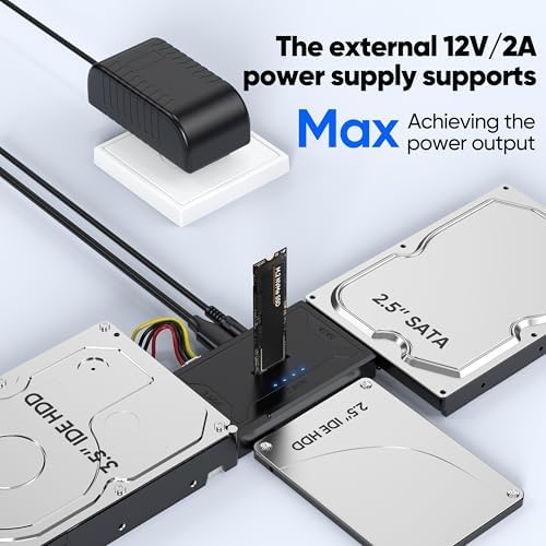 4-in-1 Hard Drive Reader Docking Station: Ultra-Fast 10 Gbps USB 3.2 M.2 SATA IDE Adapter, Effortless Data Retrieval for HDD/SSD & Blu-ray Drives – Compact, Plug-and-Play Design with 12 V Power Supply for Enhanced Compatibility and Performance