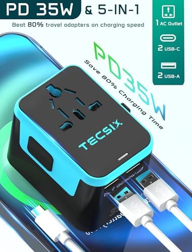 Global Travel Power Adapter with Dual USB-C & USB-A Ports – Compact 240 V AC Charger for International Use in EU, US, UK, AUS – Fast Charging Solution for Modern Travelers – Sleek, Lightweight Design (Black/Blue)