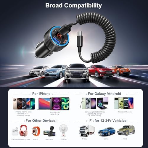 4-Port Fast Charging Car Charger for i Phone 16 & 15 Pro Max – Besgoods USB-C Adapter with Integrated Voltmeter & 3 ft Retractable Cable for Galaxy S24 & A15 Android – Ultimate Travel Charging Solution