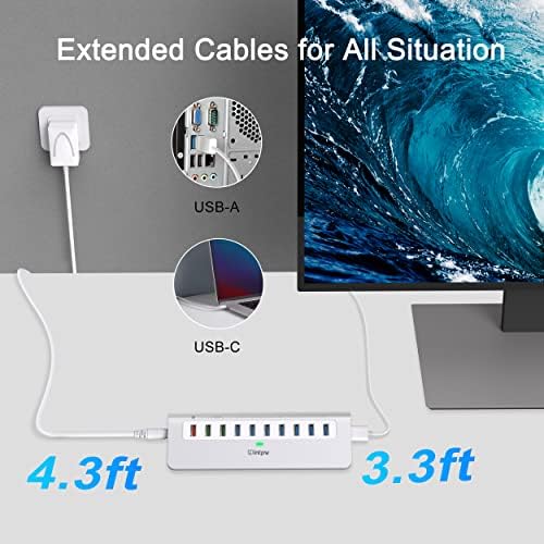 Ultimate 10-Port USB Hub 10 Gbps – Powered Aluminum Data Hub with 7 USB 3.1 Ports & 3 Fast Charging Ports for Mac, PC, and Laptop – 36 W Power Adapter Included, Type A & C Connectivity for Enhanced Performance and Speed