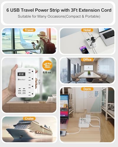 International Travel Power Adapter with 6 USB Ports and 4 AC Outlets – Versatile Plug Converter for European Destinations Including UK, France, Italy, and Germany – Compact 3 ft Extension Cord with Surge Protection for Enhanced Device Safety and Charging Efficiency