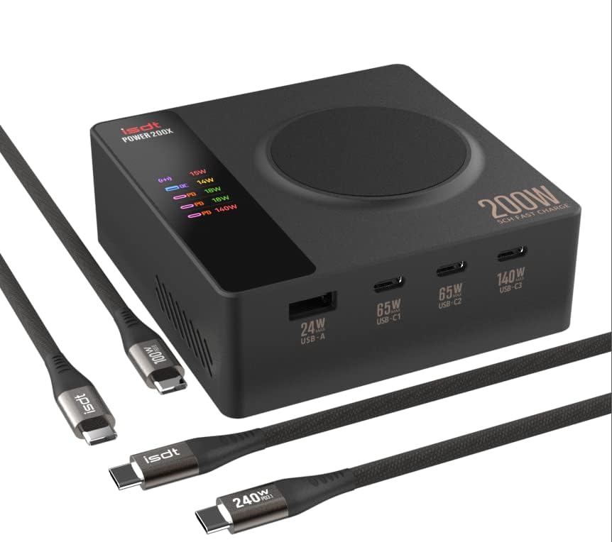 Revolutionize Your Workspace with the ISDT Power 200 H – Advanced 200 W USB C Desktop Charging Station Featuring 4+1 Ports for Lightning-Fast Charging of Mac Book Pro/Air, i Pad, i Phone, Galaxy & Pixel – Magnetic Functionality & Included Power Adapter for Optimal Efficiency and Device Organization