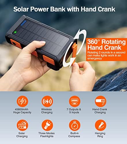 Ultimate 45800 m Ah Solar Wireless Power Bank with Hand Crank & Fast Charging – 7 Outputs, 4 Inputs, SOS Flashlight & Compass for Outdoor Adventures and Emergency Preparedness