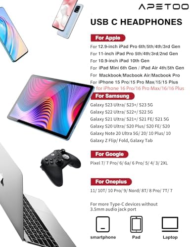 USB C Headphones for i Pad Pro & i Phone 16 – Hi-Fi Stereo Wired Earbuds with Microphone & Volume Control – Ultimate Compatibility for Samsung Galaxy S24, Pixel 9, One Plus 9 – Premium Noise Reduction Technology for Crisp Audio Clarity – Lightweight & Durable Design for Everyday Use