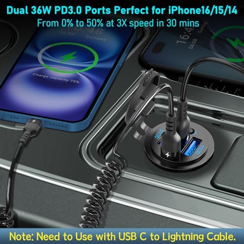 High-Power 4-Port 12 V USB C Car Charger Socket – 90 W Dual PD 36 W & QC 18 W Ports for Fast Charging – Versatile Marine, RV, Truck & Motorcycle Compatibility with Button Switch & USB-C Cable Included – Ultimate On-the-Go Power Solution