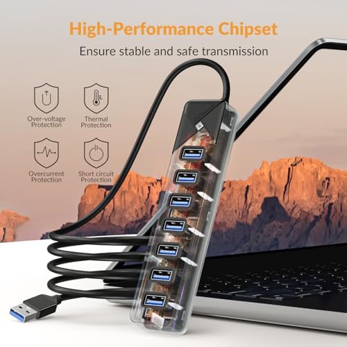 Boost Your Connectivity with the PG7 U 7-Port USB 3.0 Hub – High-Speed Multiport Docking Station for PCs, PS4, PS5, Xbox & More – 5 Gbps Data Transfer, USB-C Power Input, and 3.3 ft Cable for Ultimate Flexibility – Sleek Black Design Perfect for Gaming and Workstations