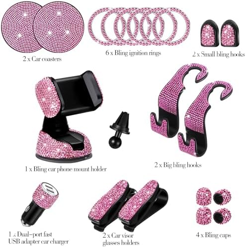 Transform Your Vehicle with Tallew’s 20-Piece Bling Car Accessories Set for Women – Stylish Rhinestone Car Decor, Hands-Free Phone Holder, Rapid Dual USB Charger, Practical Glasses Holders, Chic Pink Interior Essentials for Glamorous Driving Experience