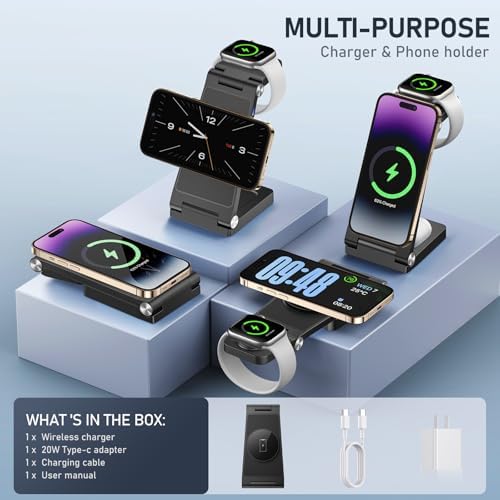 Innovative 3-in-1 Magnetic Wireless Charging Station – Premium Foldable Dock for i Phone 16/15/14/13/12, Apple Watch Ultra/Series 9-2, and Air Pods – Ultimate Travel-Friendly Power Hub with Superior Rapid Charging for Tech Savvy Professionals and On-the-Go Users