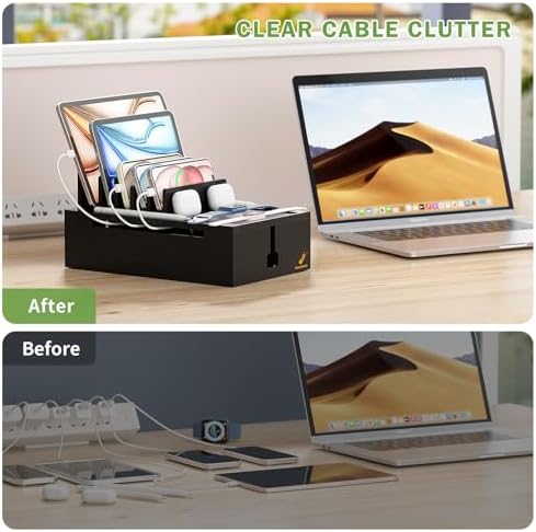 Pezin & Hulin Eco-Friendly Bamboo Charging Station – 10-Port USB Dock Organizer with 6 Cables, Enhanced Power Supply & Cable Management for Multi-Device Charging, Sleek Natural and Black Design for Homes and Offices