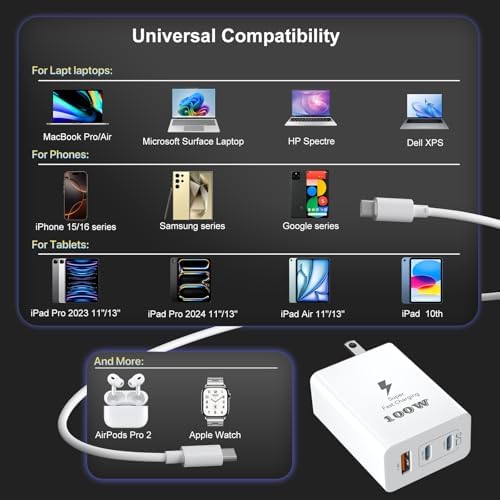 Power Up Your Devices with the 100 W USB-C Fast Charger Block – Ultimate Dual Pack for Mac Book Pro/Air, i Phone 16/15 Pro Max, i Pad & Tablets – Includes 10 FT Type-C Cable for Enhanced Convenience and Rapid Charging – Compact, Lightweight Design for Travel – Ideal for Professionals and Students Seeking Efficiency and Reliability
