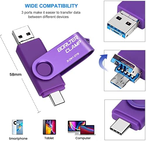 Borlter Clamp 64 GB 3-in-1 USB 3.0 Flash Drive: Versatile OTG Memory Stick with USB C, Micro USB, and USB A Ports for High-Speed Data Transfer Across Android Phones, Tablets, and PCs – Perfect for Samsung Galaxy and LG Users, Compact Storage Solution for Photos and Files