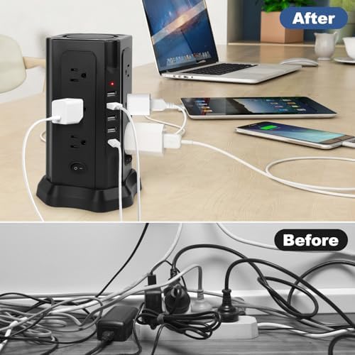 Revolutionize Your Charging Setup with the 16.5 FT Power Strip Tower – 12 AC Outlets & 5 USB Ports (1 USB-C) Surge Protector for Home, Kitchen, Dorm, & Office – Space-Saving Design with Enhanced Overload Protection for Maximum Device Compatibility and Rapid Charging Efficiency