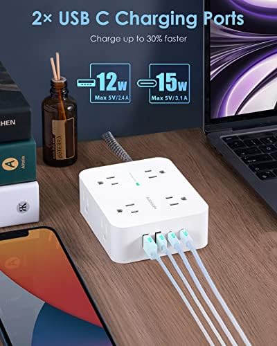 HANYCONY 6 ft Surge Protector Power Strip with 8 Outlets & 2 USB-C Ports – Essential College Dorm Extension Cord with Space-Saving Flat Plug for Fast Charging and Device Safety – Perfect for Home Office and Tech Needs