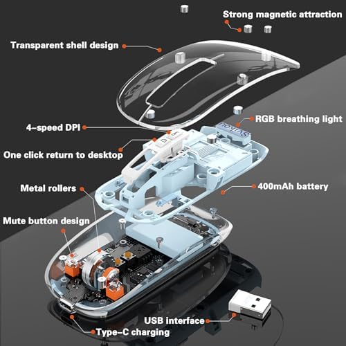Sleek Gray Transparent Mini Silent Mouse – Rechargeable Type-C Wireless Mouse with Power Display & Magnetic Cover for Effortless Cleaning – Ideal for PC, Laptop, and Phone Use – Ergonomic Design for Ultimate Comfort
