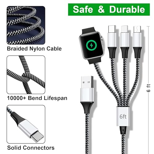Versatile 4-in-1 Multi Charging Cable for Apple Watch, i Phone, i Pad & Android Devices – 6 FT Nylon Braided Cord with USB C and Micro Port for Fast Charging and Enhanced Compatibility – Perfect for i Watch Series 10-1, i Phone 16, 15, 14 and More