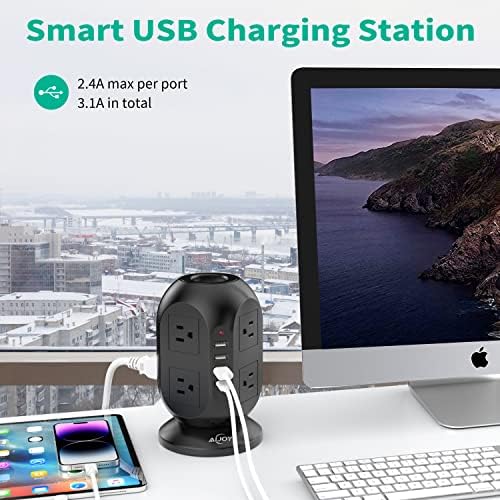 Compact Surge Protector Power Strip Tower with 8 AC Outlets & 4 Fast-Charging USB Ports (1 USB-C) – Aioy 10 FT Flat Plug Extension Cord for Organized Home & Office Use, Black – Ultimate Device Charging Solution for Efficiency and Safety