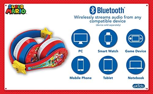 Super Mario Kids Bluetooth Over-Ear Headphones – Safe Volume-Limiting Sound for Young Ears, Adjustable Fit for Growing Kids, Rechargeable with Integrated Microphone for Learning and Travel Fun