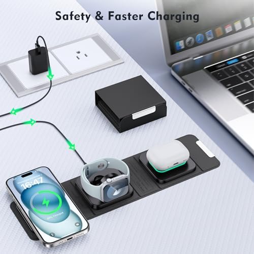 3-in-1 Foldable Magnetic Wireless Charger for i Phone – Ultimate Mag-Safe Travel Charging Pad for i Phone 16, 15, 14, 13, 12 Pro Max Plus, Apple Watch & Air Pods – Enhanced Speed & Compatibility for On-the-Go Charging