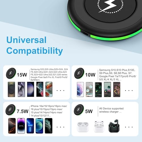 Samsung 15 W Fast Wireless Charger Pad for Galaxy S25 Ultra, S24, S23, S22, Z Flip 7, and i Phone 16 Series – Rapid Charging Station with QC3.0 Adapter, Case-Friendly Design & LED Indicator – Ultimate Compatibility for Android and i OS Devices