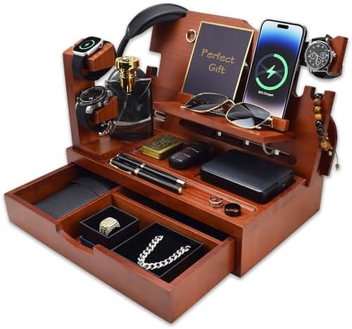Nightstand Organizer for Men with Large Drawer, Birthday Gifts for Men, Phone Docking Station, Bedside Organizer for Nightstand for Apple Watch, Laptop (Brown, Solid Wood) – Enhanced Compatibility and Speed
