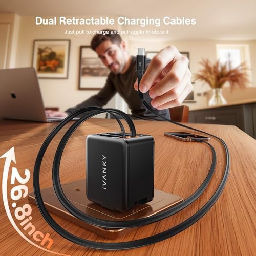 i VANKY 84 W Retractable Wall Charger – 4-Port USB Power Adapter with Dual Cables for Fast Charging – Compact Travel Solution for i Phone 16/15, i Pad, Samsung – Smart Charging Hub for Home and Office Efficiency