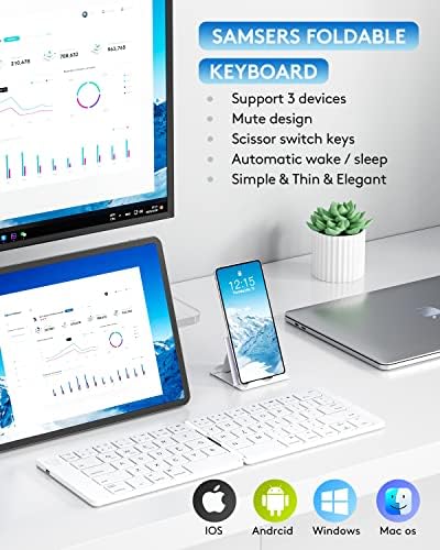 Samsers Portable Foldable Bluetooth Keyboard – Ultra Slim Wireless Keyboard with Stand for i OS, Android & Windows Devices – Rechargeable Multi-Device Travel Keyboard for Effortless Typing on the Go – Sleek Black Design