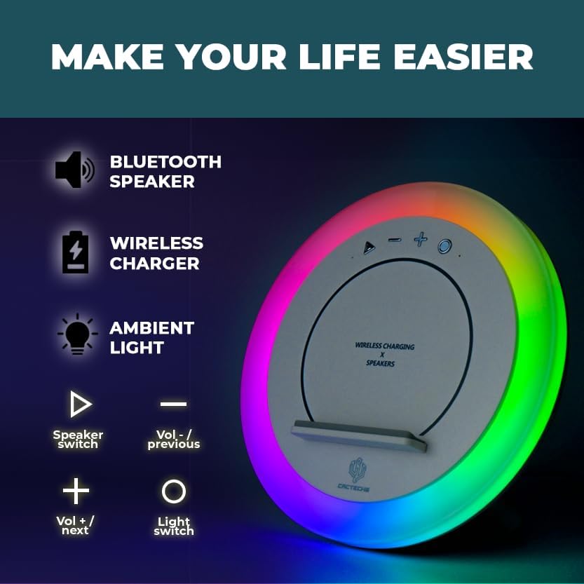 Innovative All-in-One Wireless Charging Station: Premium Bluetooth Speaker with RGB Ambient Lighting for i Phone and Multi-Device Compatibility – Transform Your Space with Stylish Functionality and High-Fidelity Sound – Perfect for Home Office, Bedside, or On-the-Go Convenience – Elevate Your Charging Experience with Seamless Bluetooth Connectivity and Adjustable Lighting to Set the Right Mood – Durable Design for Long-Lasting Use – A Must-Have Tech Accessory for Modern Living and Lifestyle Upgrade