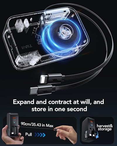 Ultimate 4-in-1 Retractable Wall Charger with Dual USB Ports – Fast 40 W Charging Adapter with 35.5 in/90 cm Lightening and Type-C Cables – Perfect for i Phone 16/15/14/13/12/11, i Pad, Galaxy, and Pixel Devices – Compact, Foldable Design for Effortless Travel and Enhanced Device Compatibility