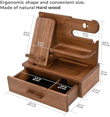 TESLYAR Wood Phone Docking Station with Drawer – Nightstand Organizer – Desk Organizer for Husband – Birthday Gifts for Men, Dad, Anniversary Idea, Key Holder Stand Watch & Accessories (Bourbon Brown) – Enhanced Compatibility and Speed
