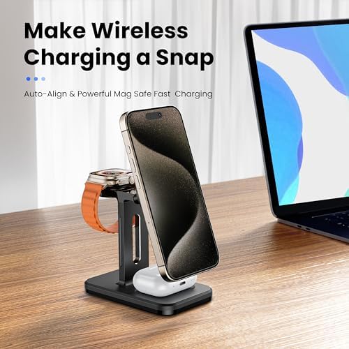 Ultimate 3-in-1 Fast Wireless Charging Station for Magsafe Apple Devices – Sleek Aluminum Charger with Adapter for i Phone 16/15/Pro/Pro Max/14/13/12, Apple Watch & Air Pods – Premium Magnetic Stand for Enhanced Speed and Style