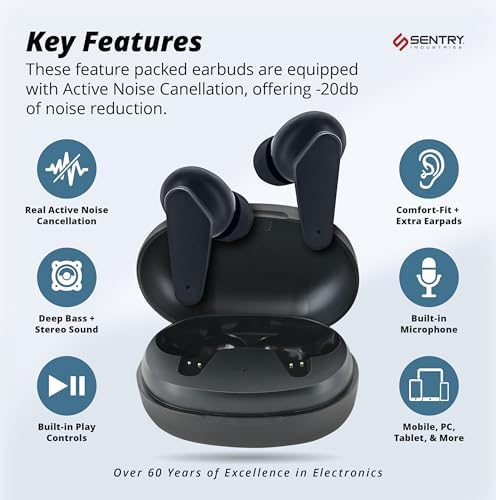 SENTRY OSE Wireless Stem Earbuds – Elevate Your Audio Experience with -20 d B Active Noise Cancellation, 10-Hour Playtime, and Touch Controls – Ideal for Commuters, Audiophiles, and On-the-Go Listening with Portable USB-C Charging Case and Built-In Microphone