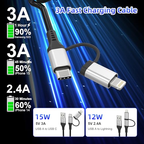 Versatile Coiled USB to USB-C & Lightning Cable Combo for i Phone and Android – MFi Certified Fast Charge & Data Sync up to 3 A – Tangle-Free Design for Apple Car Play & Android Auto Compatibility – Durable, High-Quality Charging Solution for Seamless Connectivity on the Go