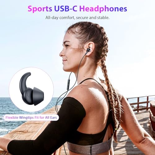 APETOO USB-C Sports Earbuds – Sweatproof Wired Headphones with Anti-Fall Wingtips, Deep Bass Audio, and Hands-Free Calling – Ideal for Active Lifestyles and Compatible with i Phone 16 & Galaxy Devices for Exceptional Comfort and Performance