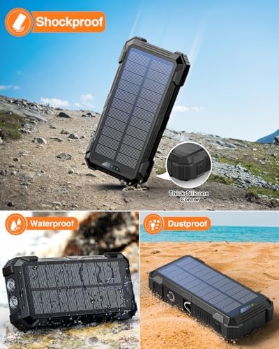 Ultimate GOODaaa Solar Power Bank – 42,800 m Ah High-Capacity Portable Charger with 20 W Fast Charging, Integrated Cables, Wireless Charging for Apple Watch, LED Flashlight, Carabiner & Built-in Thermometer – The Essential Outdoor Power Solution for Adventurers and Travelers