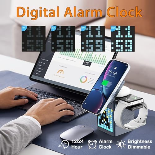 Ultimate 3-in-1 Wireless Charging Station with Bluetooth 5.3 Speaker & Adjustable Alarm Clock – 15 W Qi-Compatible Magnetic Fast Charger for 3 Devices, Enhanced Audio Experience, USB Type-C Ports, Mood Lighting & Voice Assistant Compatibility – Ideal Bedside & Desk Organizer in Sleek Black
