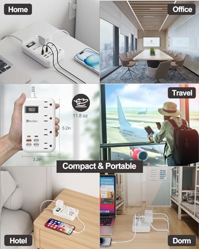 International Travel Power Adapter with 6 USB Ports and 4 AC Outlets – Versatile Plug Converter for European Destinations Including UK, France, Italy, and Germany – Compact 3 ft Extension Cord with Surge Protection for Enhanced Device Safety and Charging Efficiency