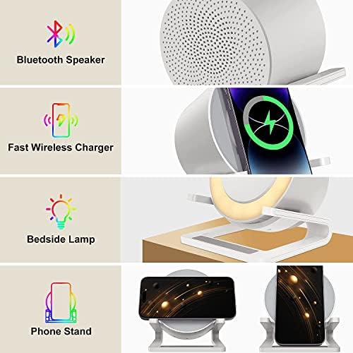 Multifunctional Wireless Charger Station with Premium Bluetooth Speaker and Adjustable LED Ambient Lighting – Fast Charging for i Phone 15, 14, 13, 12, 11, X Pro Max – Elevate Your Audio and Charging Experience in Style