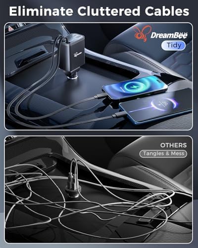 Ultimate Retractable Car Charger PT-27: 4-in-1 Fast Charging Adapter with Dual USB Ports & 31.5-Inch Cables for i Phone & Samsung – Compact, Tangle-Free Power Solution for On-the-Go Connectivity