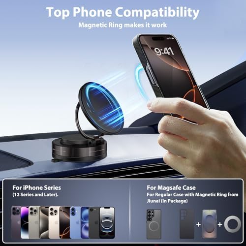 Jiunai Car Phone Holder for Mag Safe, Suction Cup Mount, Strong Magnets Fold Rotate Spin, Magnetic Phone Holder Stand, Hands Free Travel Airplane Glass Gym Mirror Desktop Stand for iPhone 16 15 14 – Enhanced Compatibility and Speed